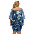 Australia Flannel Flower With Superb Fairy-wren Off Shoulder Short Dress Aboriginal Art