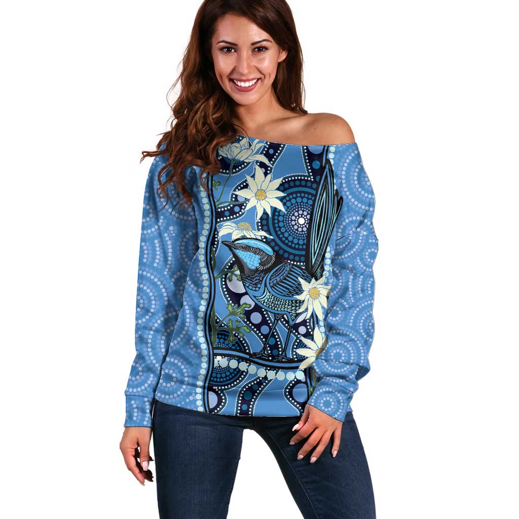 Australia Flannel Flower With Superb Fairy-wren Off Shoulder Sweater Aboriginal Art