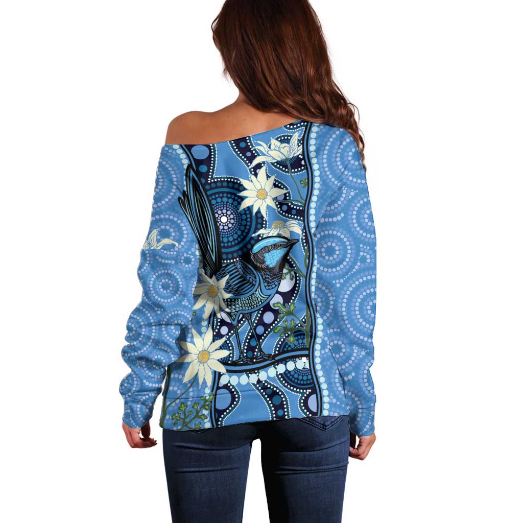 Australia Flannel Flower With Superb Fairy-wren Off Shoulder Sweater Aboriginal Art