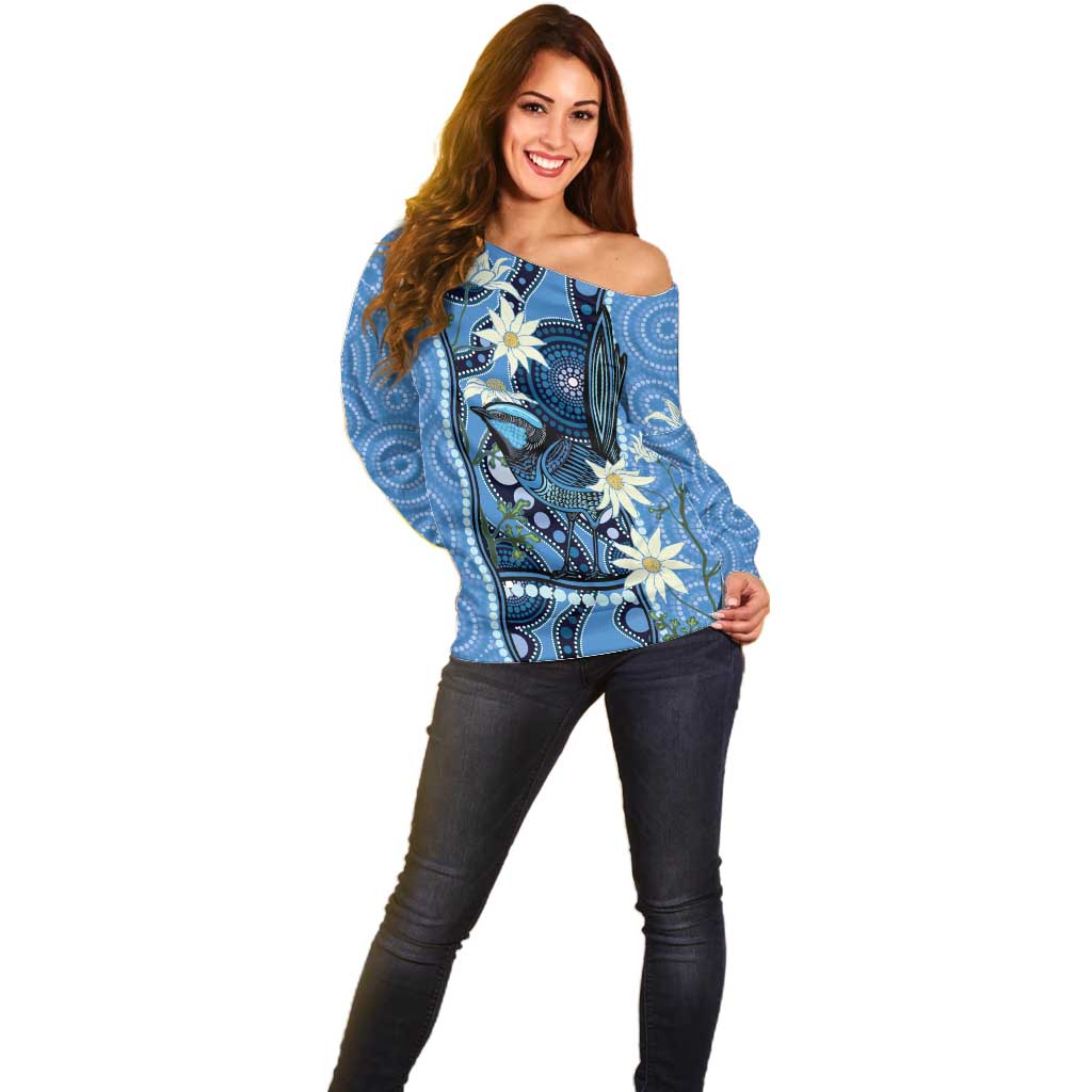 Australia Flannel Flower With Superb Fairy-wren Off Shoulder Sweater Aboriginal Art