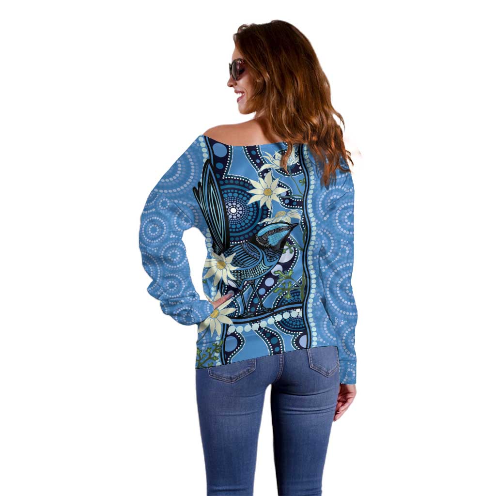 Australia Flannel Flower With Superb Fairy-wren Off Shoulder Sweater Aboriginal Art
