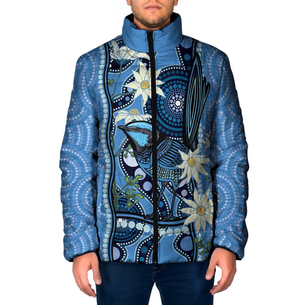 Australia Flannel Flower With Superb Fairy-wren Padded Jacket Aboriginal Art - Aussie Hoodie