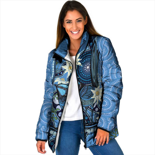Australia Flannel Flower With Superb Fairy-wren Padded Jacket Aboriginal Art - Aussie Hoodie