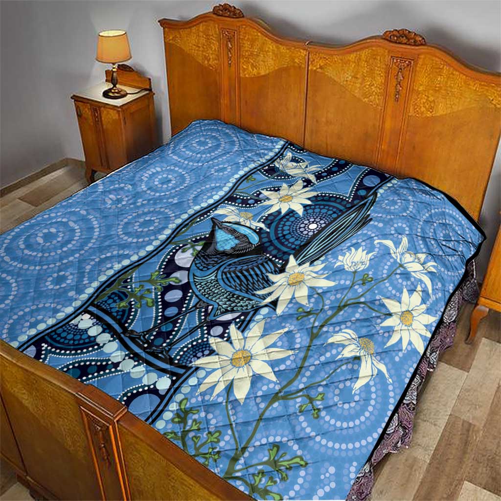 Australia Flannel Flower With Superb Fairy-wren Quilt Aboriginal Art