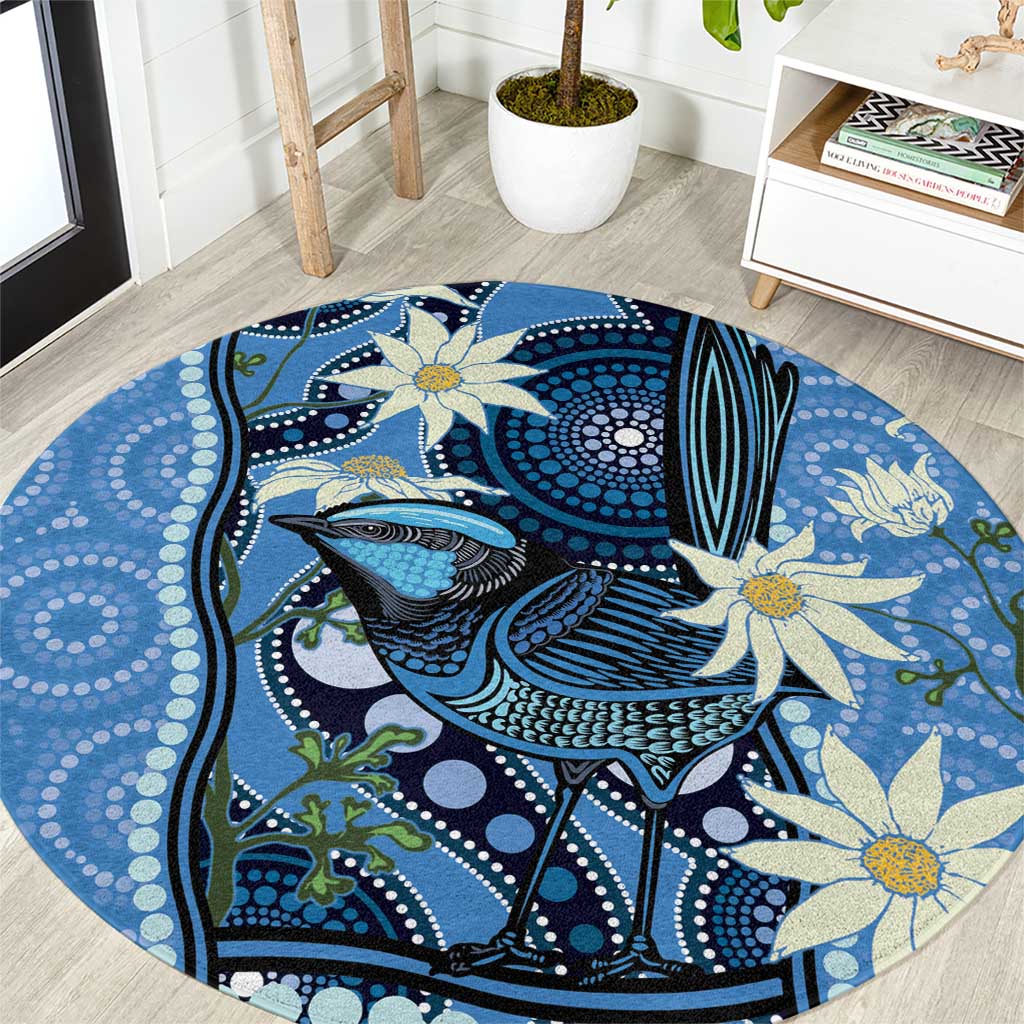 Australia Flannel Flower With Superb Fairy-wren Round Carpet Aboriginal Art