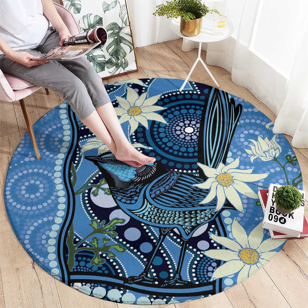 Australia Flannel Flower With Superb Fairy-wren Round Carpet Aboriginal Art