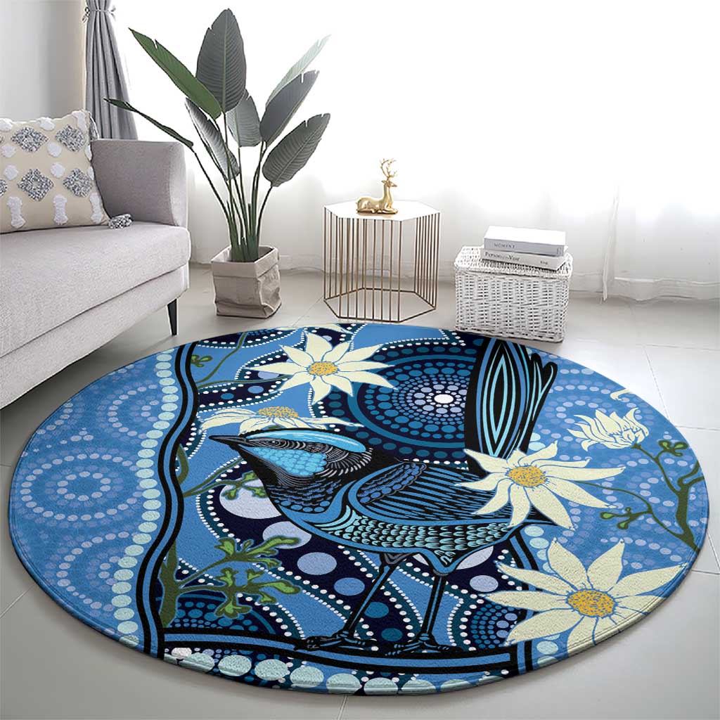 Australia Flannel Flower With Superb Fairy-wren Round Carpet Aboriginal Art