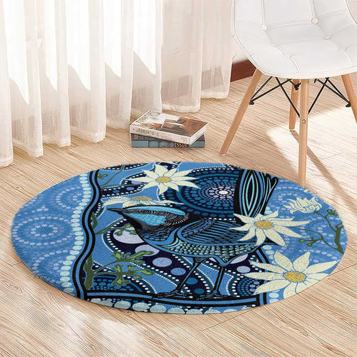 Australia Flannel Flower With Superb Fairy-wren Round Carpet Aboriginal Art