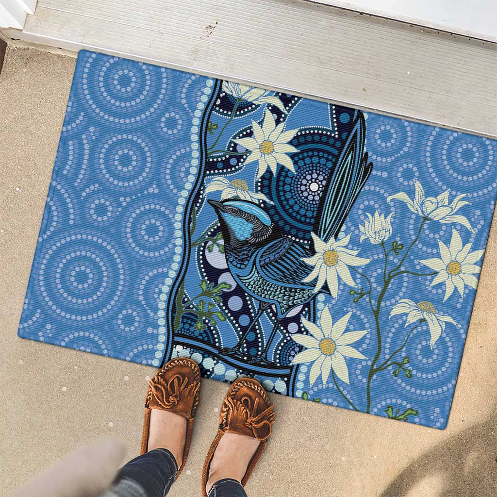 Australia Flannel Flower With Superb Fairy-wren Rubber Doormat Aboriginal Art