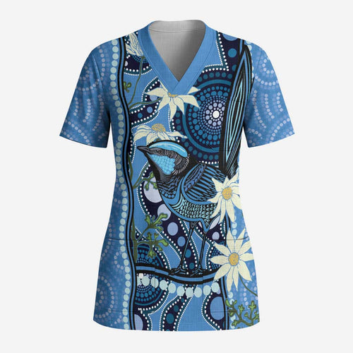 Australia Flannel Flower With Superb Fairy-wren Scrub Top Aboriginal Art - Aussie Hoodie