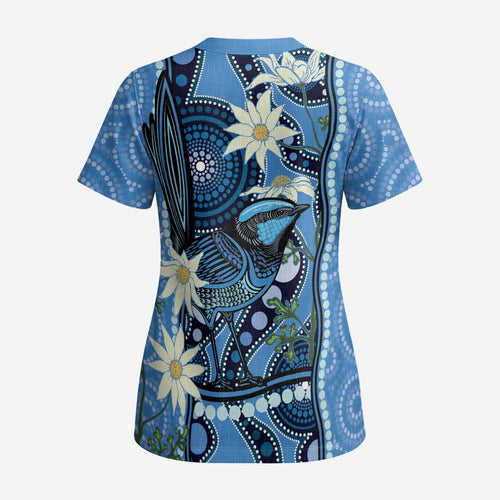 Australia Flannel Flower With Superb Fairy-wren Scrub Top Aboriginal Art - Aussie Hoodie