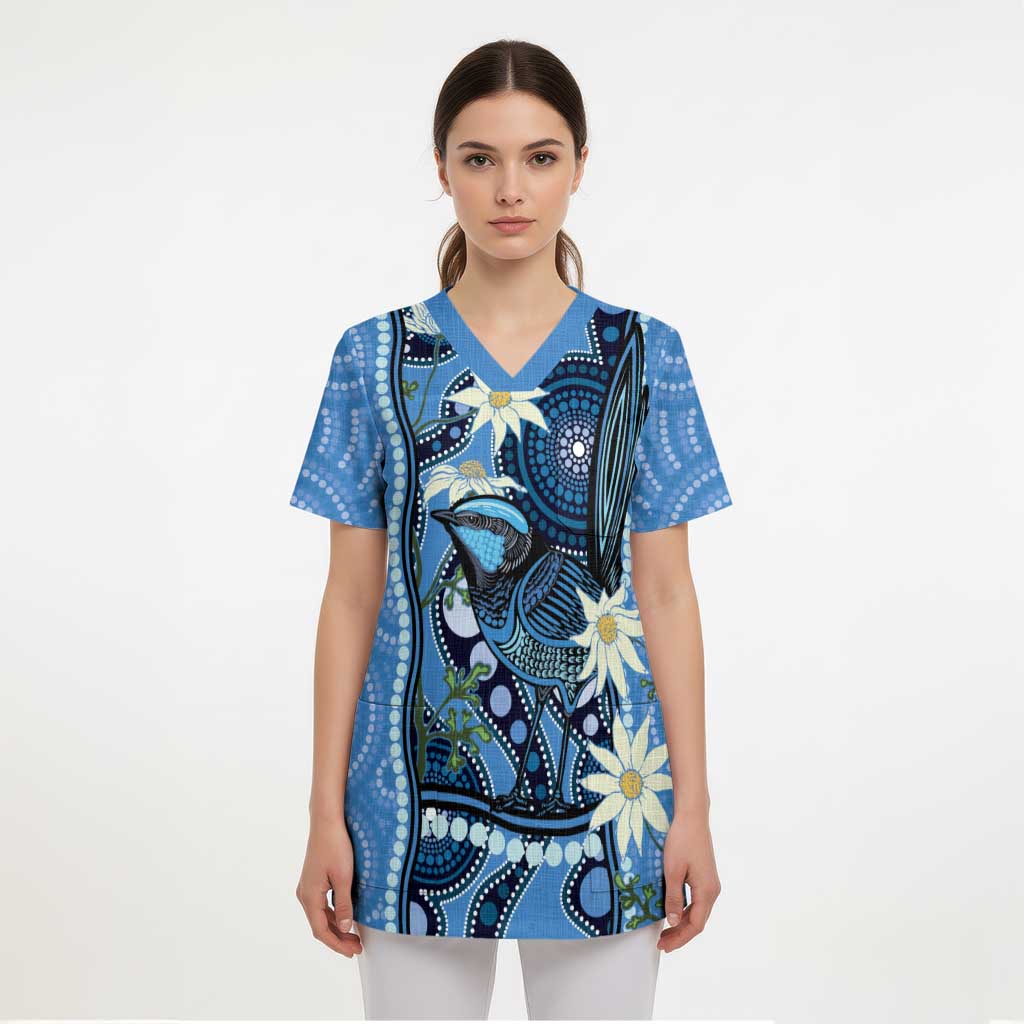Australia Flannel Flower With Superb Fairy-wren Scrub Top Aboriginal Art - Aussie Hoodie