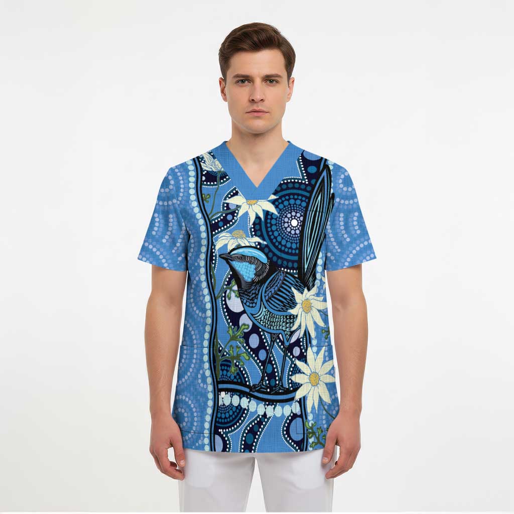 Australia Flannel Flower With Superb Fairy-wren Scrub Top Aboriginal Art - Aussie Hoodie