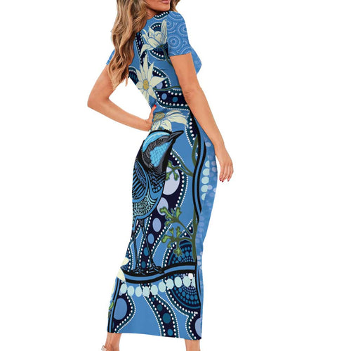 Australia Flannel Flower With Superb Fairy-wren Short Sleeve Bodycon Dress Aboriginal Art