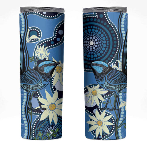 Australia Flannel Flower With Superb Fairy-wren Skinny Tumbler Aboriginal Art