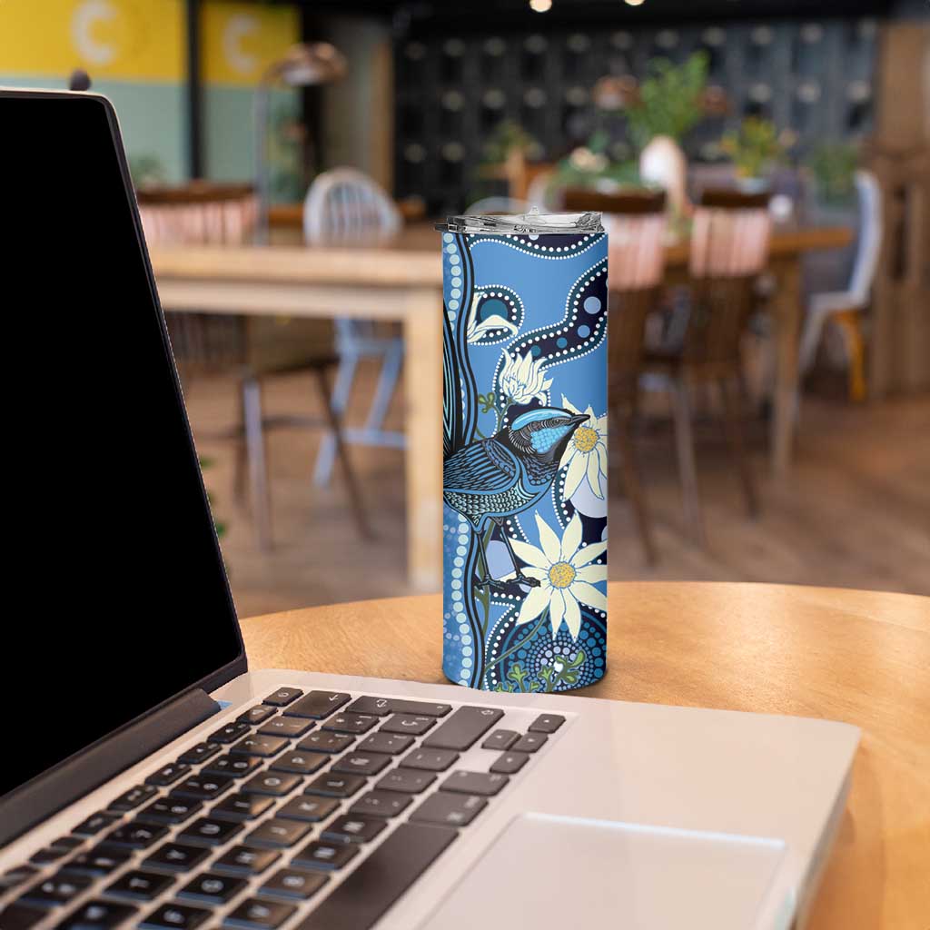 Australia Flannel Flower With Superb Fairy-wren Skinny Tumbler Aboriginal Art