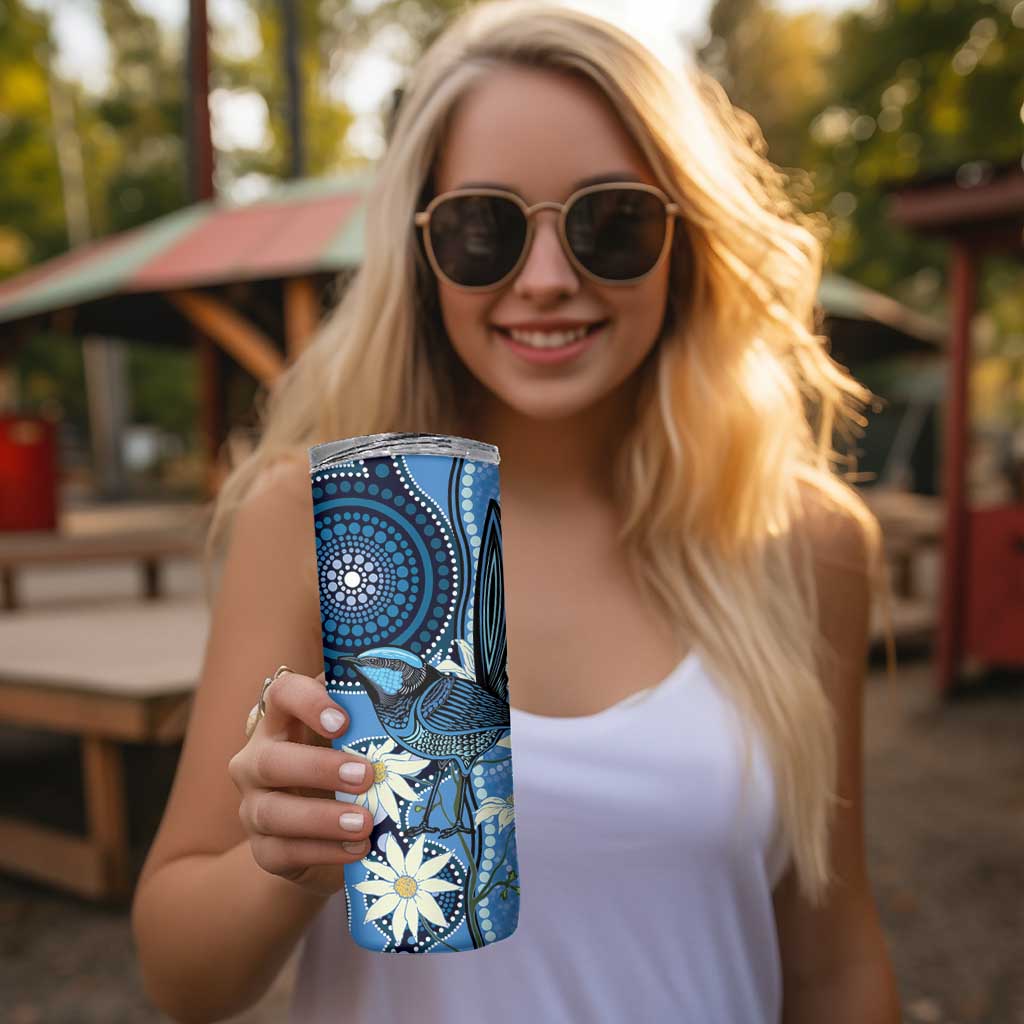 Australia Flannel Flower With Superb Fairy-wren Skinny Tumbler Aboriginal Art