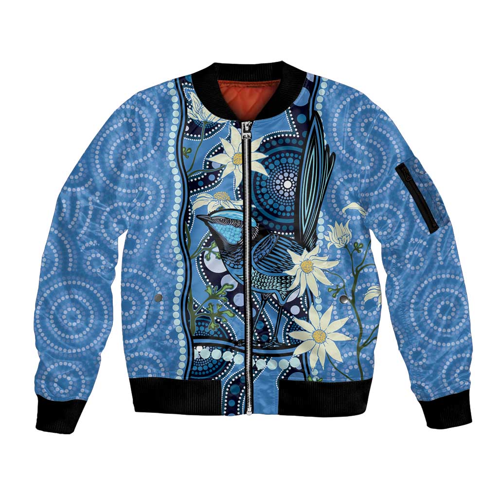 Australia Flannel Flower With Superb Fairy-wren Sleeve Zip Bomber Jacket Aboriginal Art