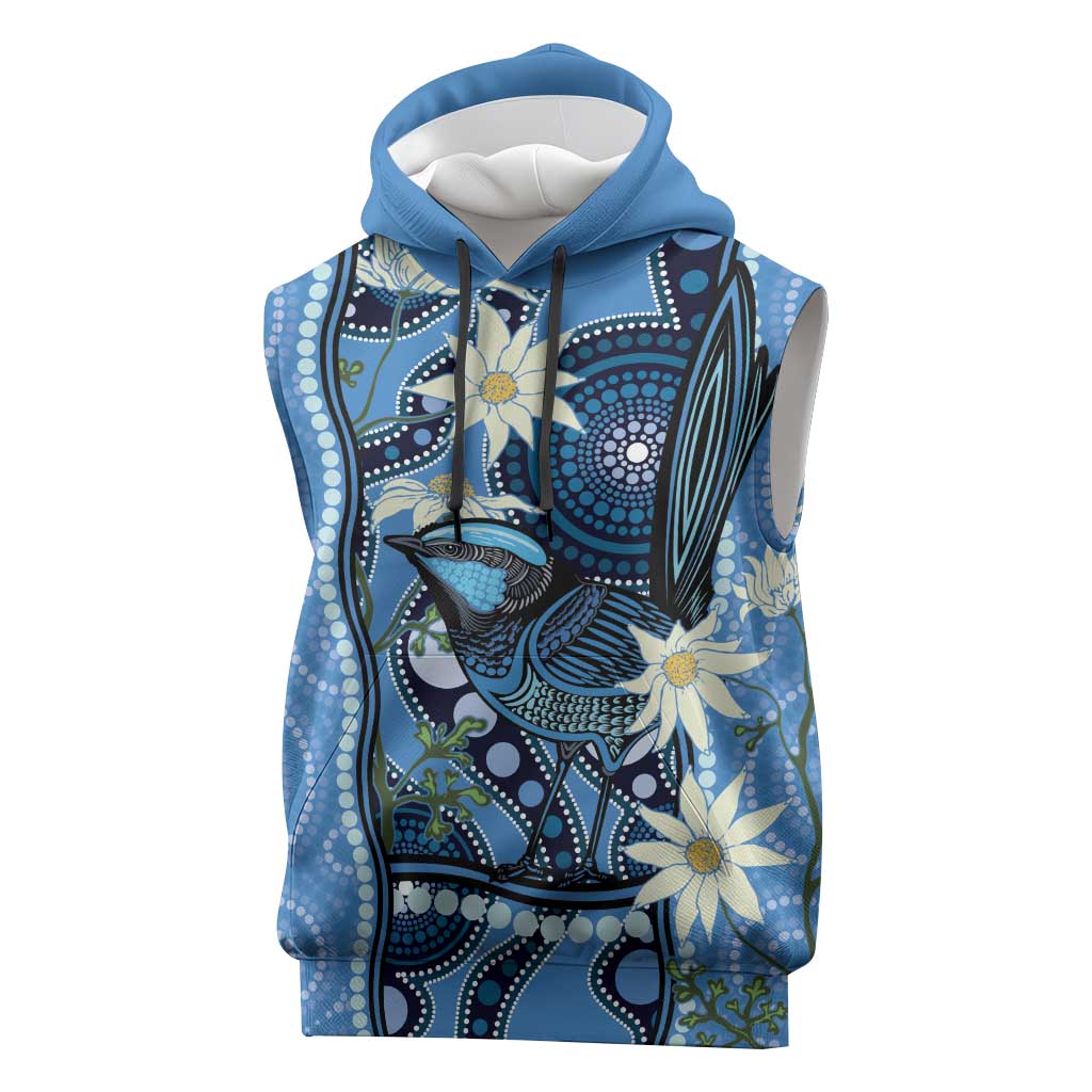 Australia Flannel Flower With Superb Fairy-wren Sleeveless Hoodie Aboriginal Art - Aussie Hoodie
