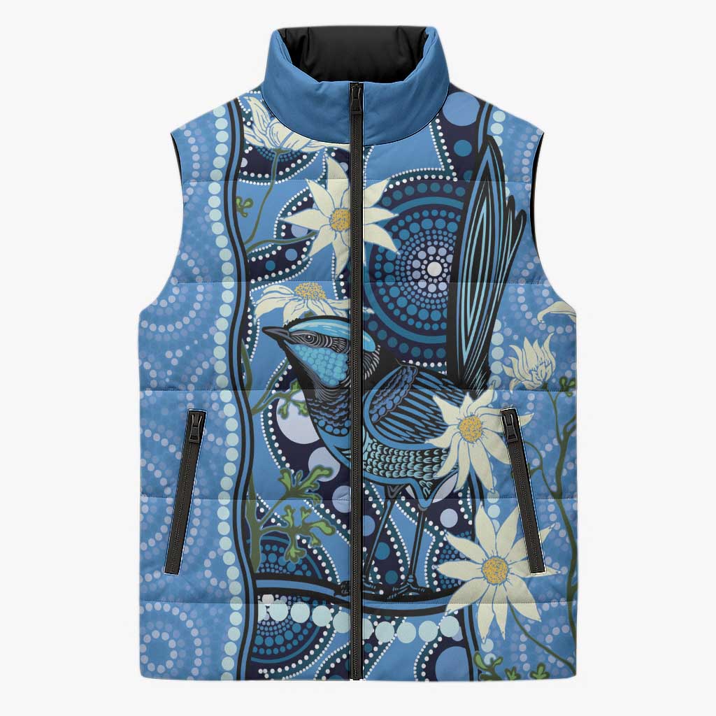 Australia Flannel Flower With Superb Fairy-wren Sleeveless Puffer Jacket Aboriginal Art - Aussie Hoodie