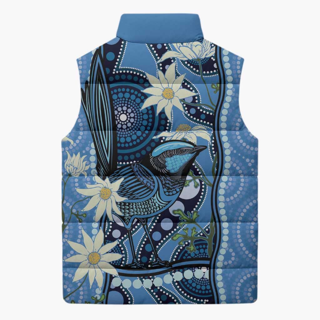 Australia Flannel Flower With Superb Fairy-wren Sleeveless Puffer Jacket Aboriginal Art - Aussie Hoodie