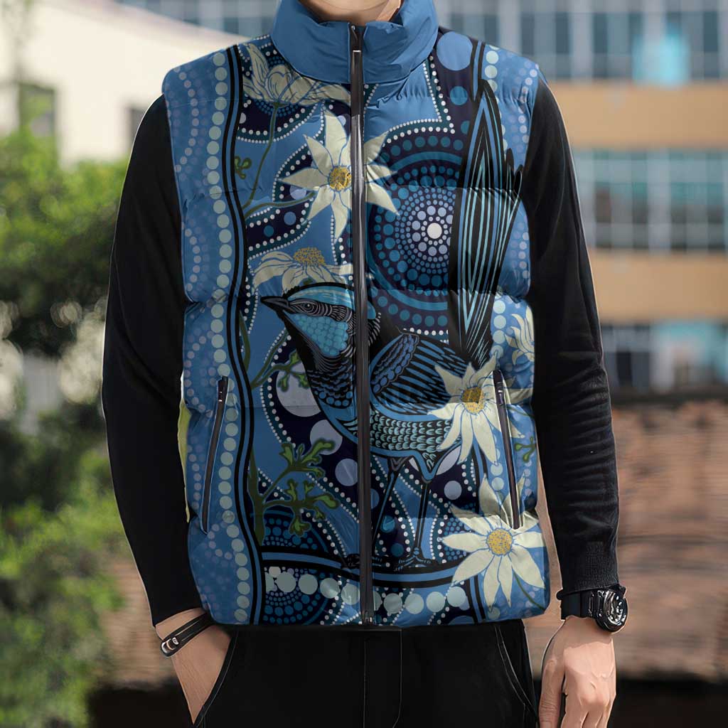 Australia Flannel Flower With Superb Fairy-wren Sleeveless Puffer Jacket Aboriginal Art - Aussie Hoodie