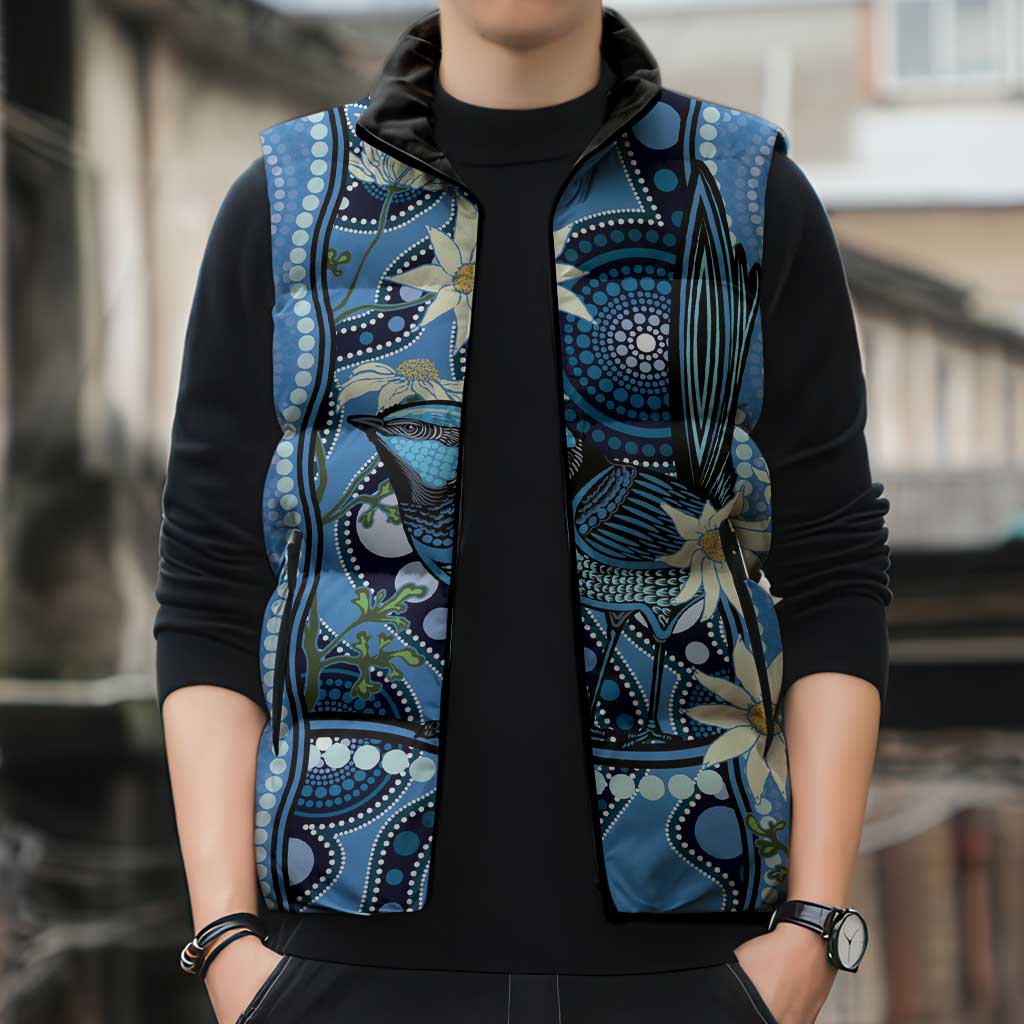 Australia Flannel Flower With Superb Fairy-wren Sleeveless Puffer Jacket Aboriginal Art - Aussie Hoodie