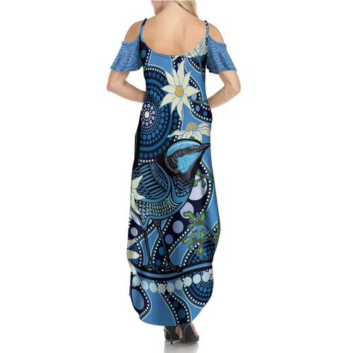 Australia Flannel Flower With Superb Fairy-wren Summer Maxi Dress Aboriginal Art