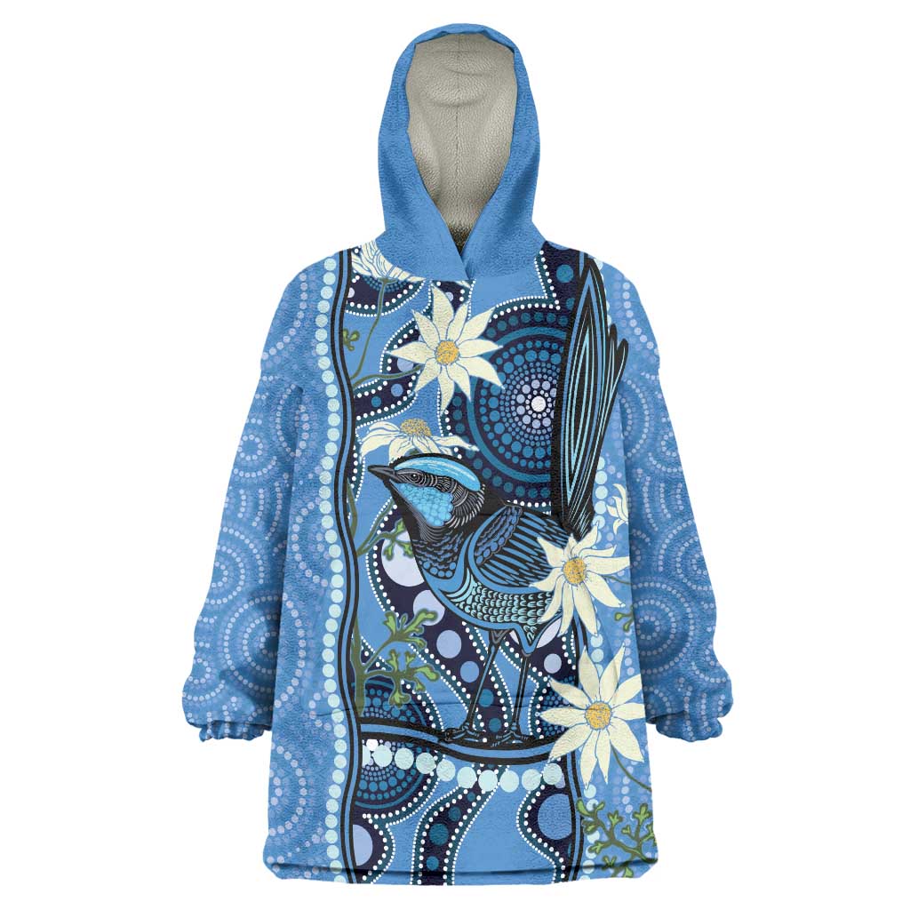 Australia Flannel Flower With Superb Fairy-wren Wearable Blanket Hoodie Aboriginal Art