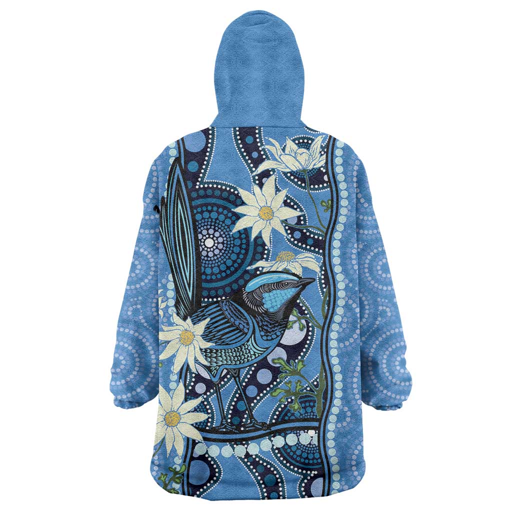 Australia Flannel Flower With Superb Fairy-wren Wearable Blanket Hoodie Aboriginal Art