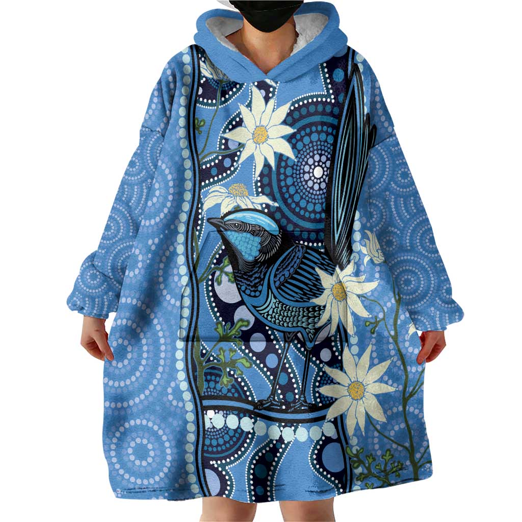 Australia Flannel Flower With Superb Fairy-wren Wearable Blanket Hoodie Aboriginal Art