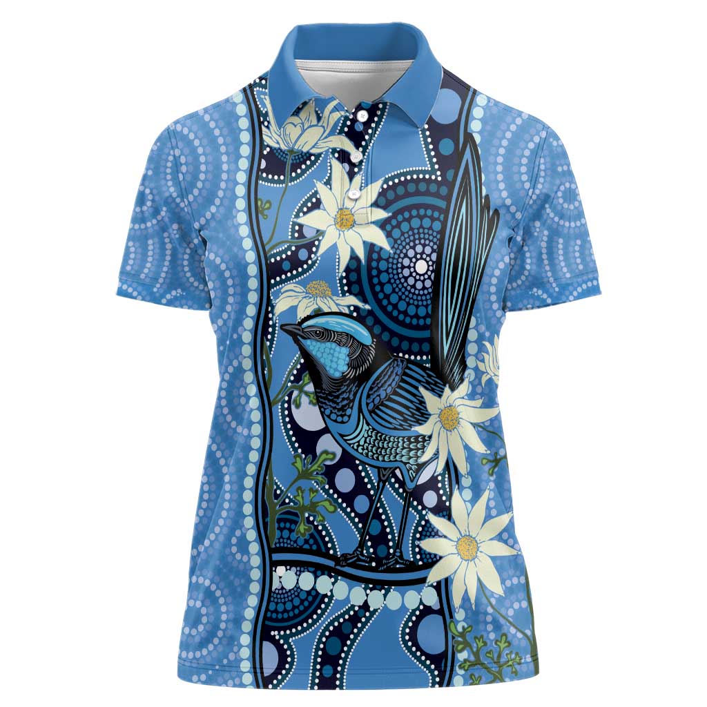 Australia Flannel Flower With Superb Fairy-wren Women Polo Shirt Aboriginal Art