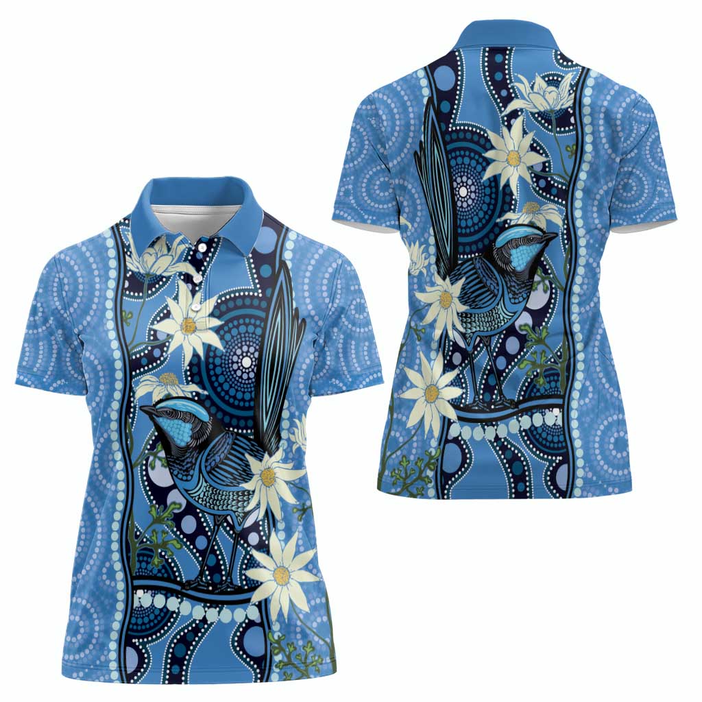 Australia Flannel Flower With Superb Fairy-wren Women Polo Shirt Aboriginal Art