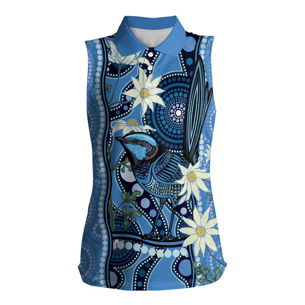 Australia Flannel Flower With Superb Fairy-wren Women Sleeveless Polo Shirt Aboriginal Art