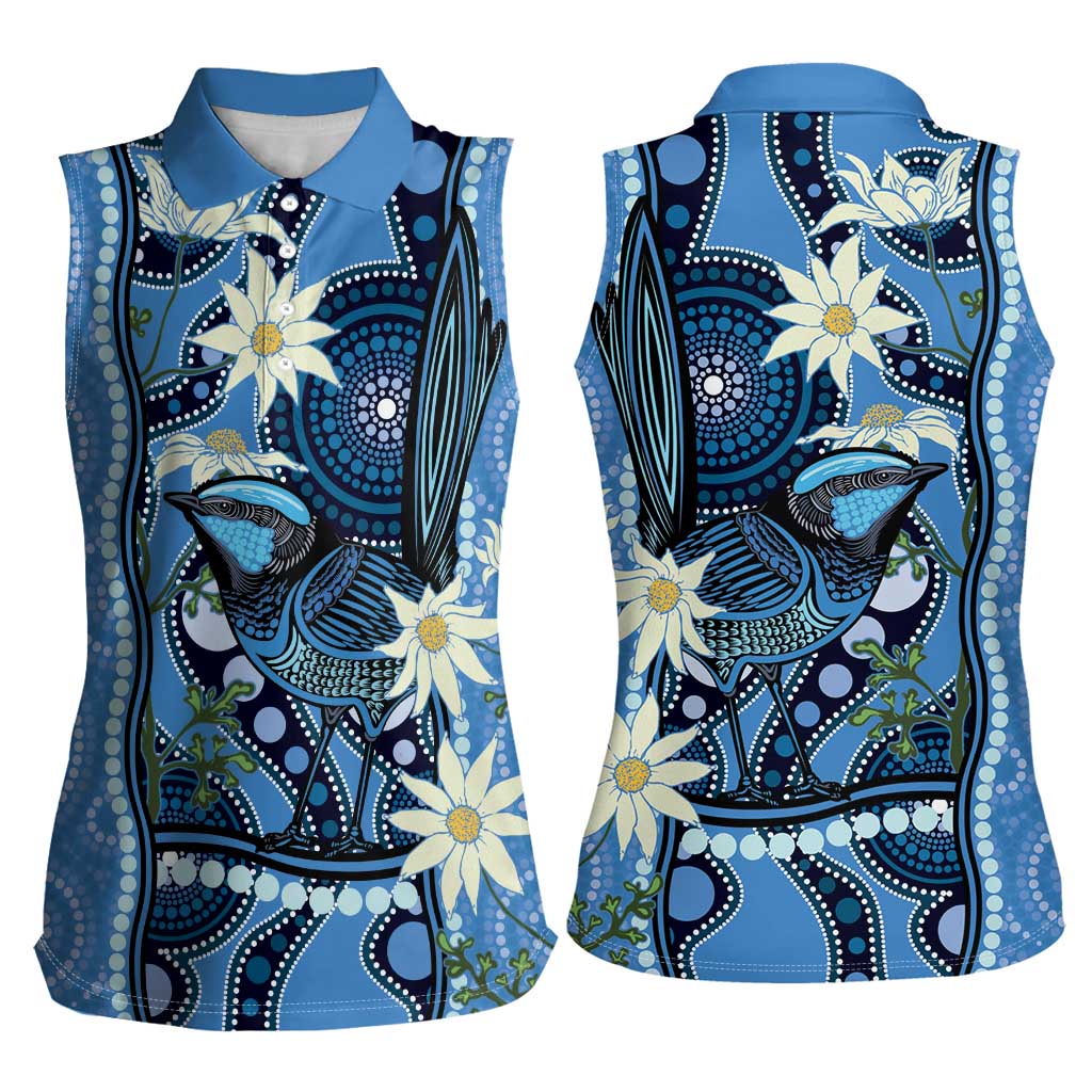 Australia Flannel Flower With Superb Fairy-wren Women Sleeveless Polo Shirt Aboriginal Art