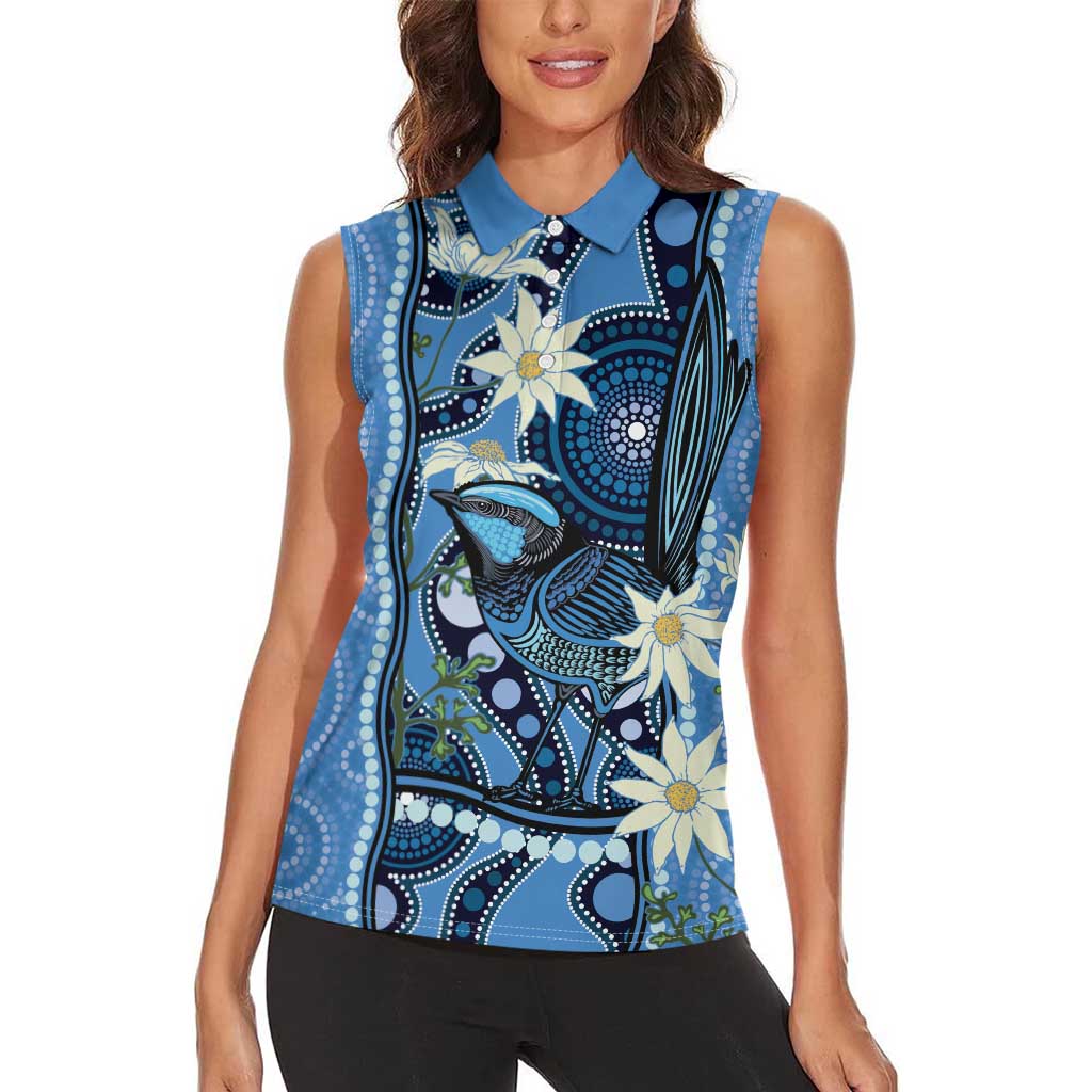 Australia Flannel Flower With Superb Fairy-wren Women Sleeveless Polo Shirt Aboriginal Art
