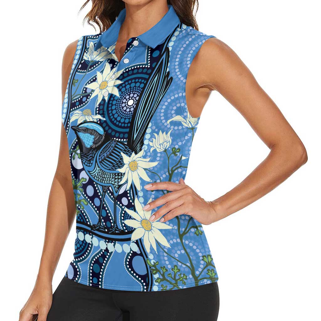 Australia Flannel Flower With Superb Fairy-wren Women Sleeveless Polo Shirt Aboriginal Art