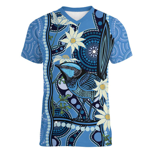 Australia Flannel Flower With Superb Fairy-wren Women V-Neck T-Shirt Aboriginal Art