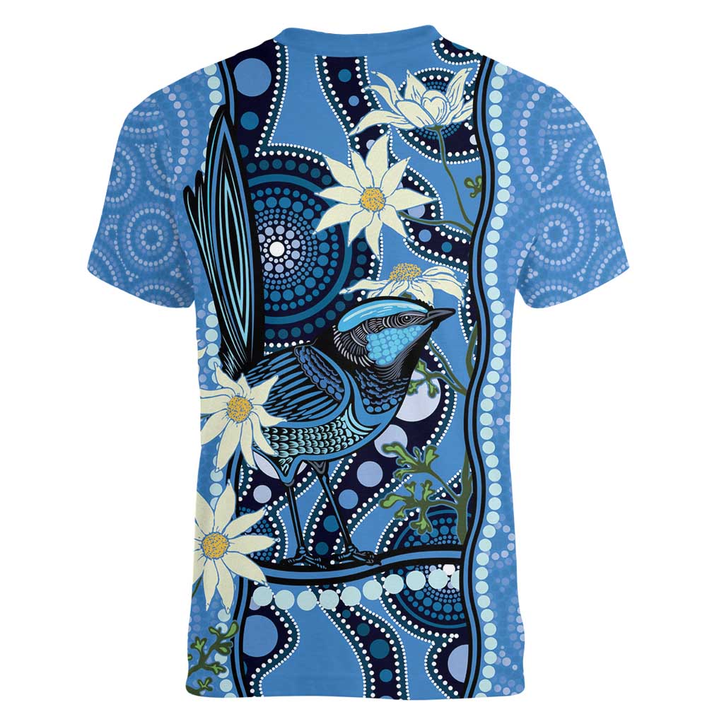 Australia Flannel Flower With Superb Fairy-wren Women V-Neck T-Shirt Aboriginal Art