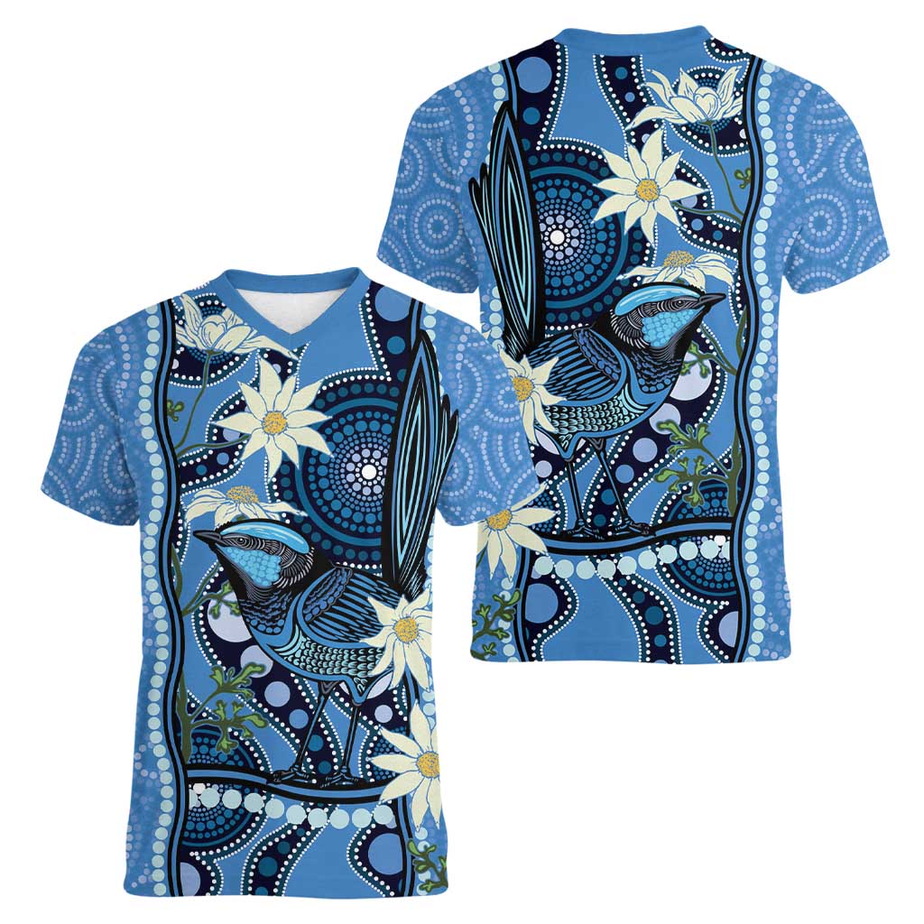 Australia Flannel Flower With Superb Fairy-wren Women V-Neck T-Shirt Aboriginal Art