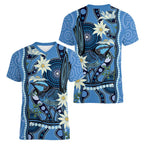 Australia Flannel Flower With Superb Fairy-wren Women V-Neck T-Shirt Aboriginal Art