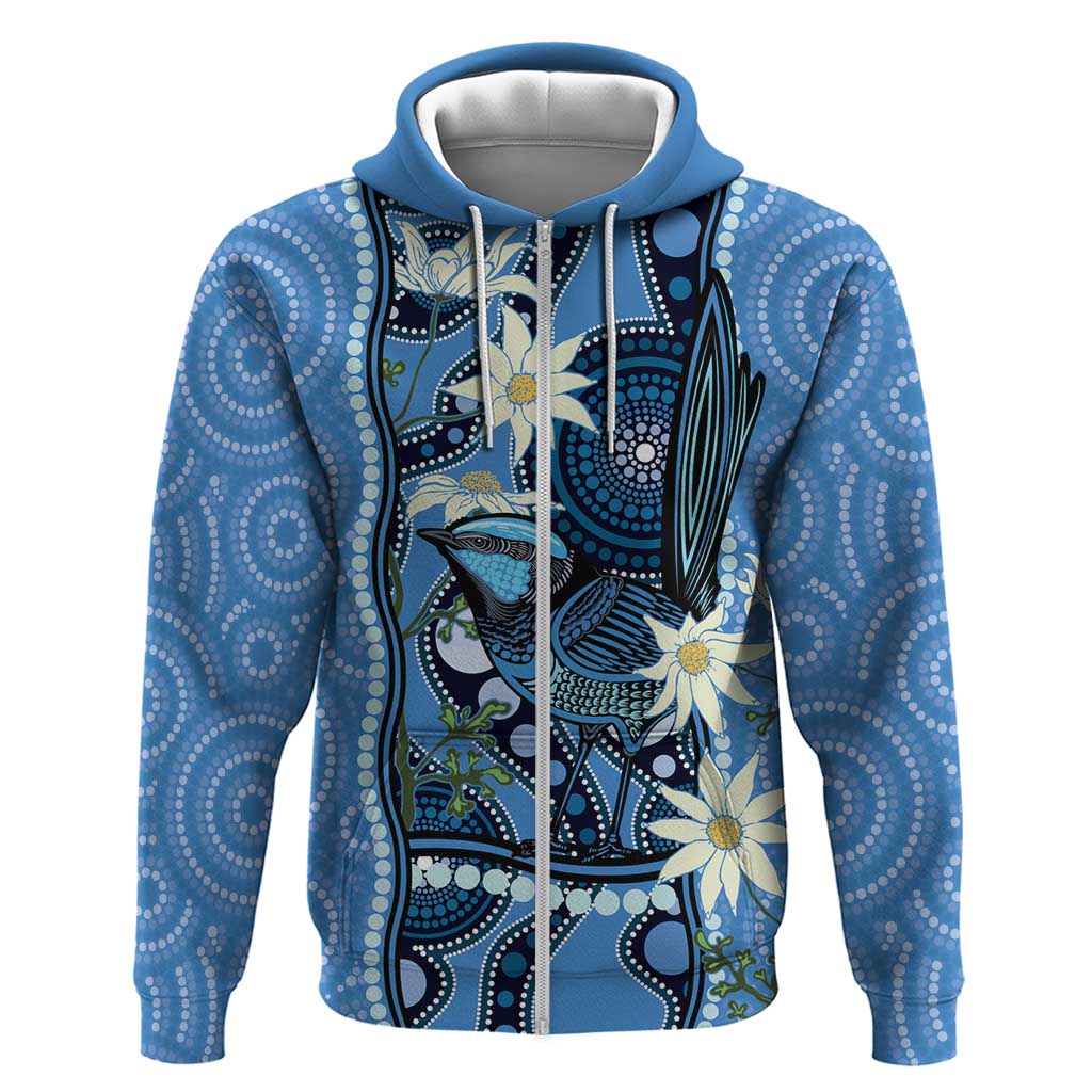 Australia Flannel Flower With Superb Fairy-wren Zip Hoodie Aboriginal Art
