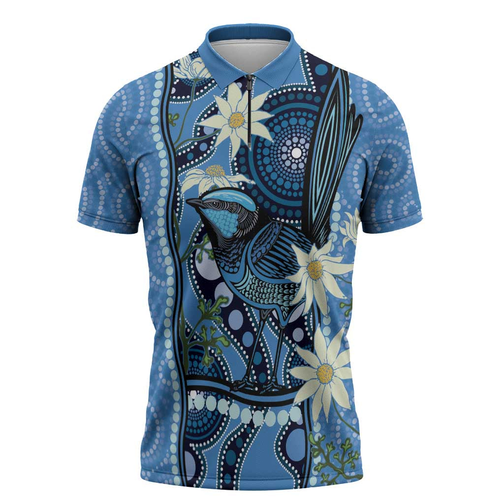 Australia Flannel Flower With Superb Fairy-wren Zipper Polo Shirt Aboriginal Art - Aussie Hoodie