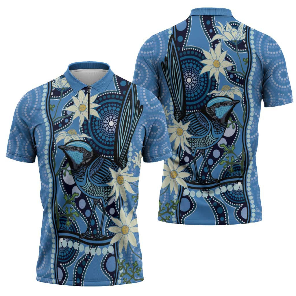 Australia Flannel Flower With Superb Fairy-wren Zipper Polo Shirt Aboriginal Art - Aussie Hoodie
