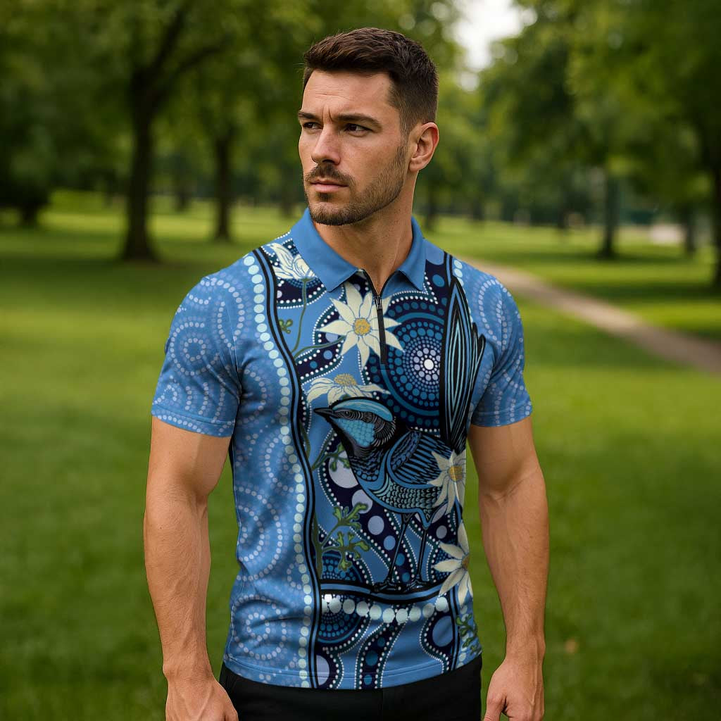 Australia Flannel Flower With Superb Fairy-wren Zipper Polo Shirt Aboriginal Art - Aussie Hoodie