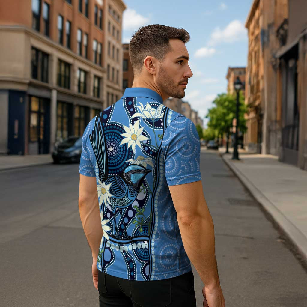 Australia Flannel Flower With Superb Fairy-wren Zipper Polo Shirt Aboriginal Art - Aussie Hoodie