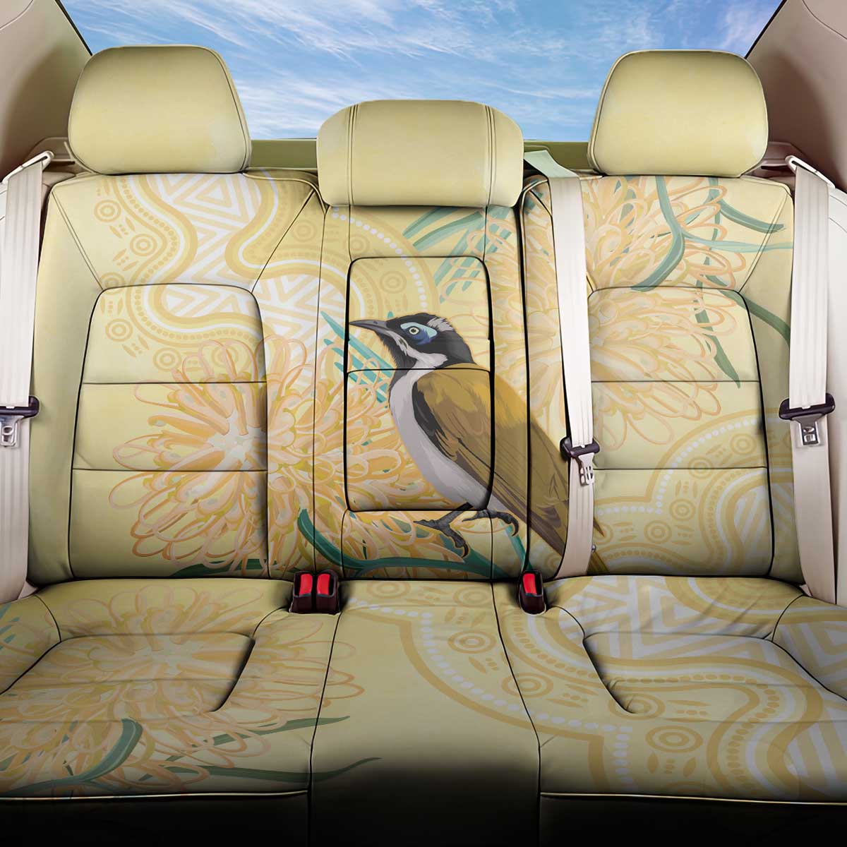 Australia Grevillea And Honeyeaters Back Car Seat Cover Aboriginal Art - Watercolor Style