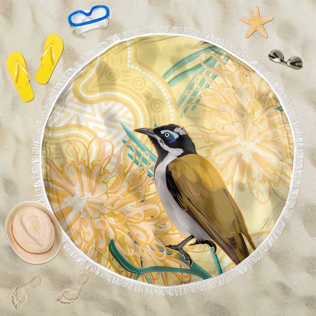 Australia Grevillea And Honeyeaters Beach Blanket Aboriginal Art - Watercolor Style