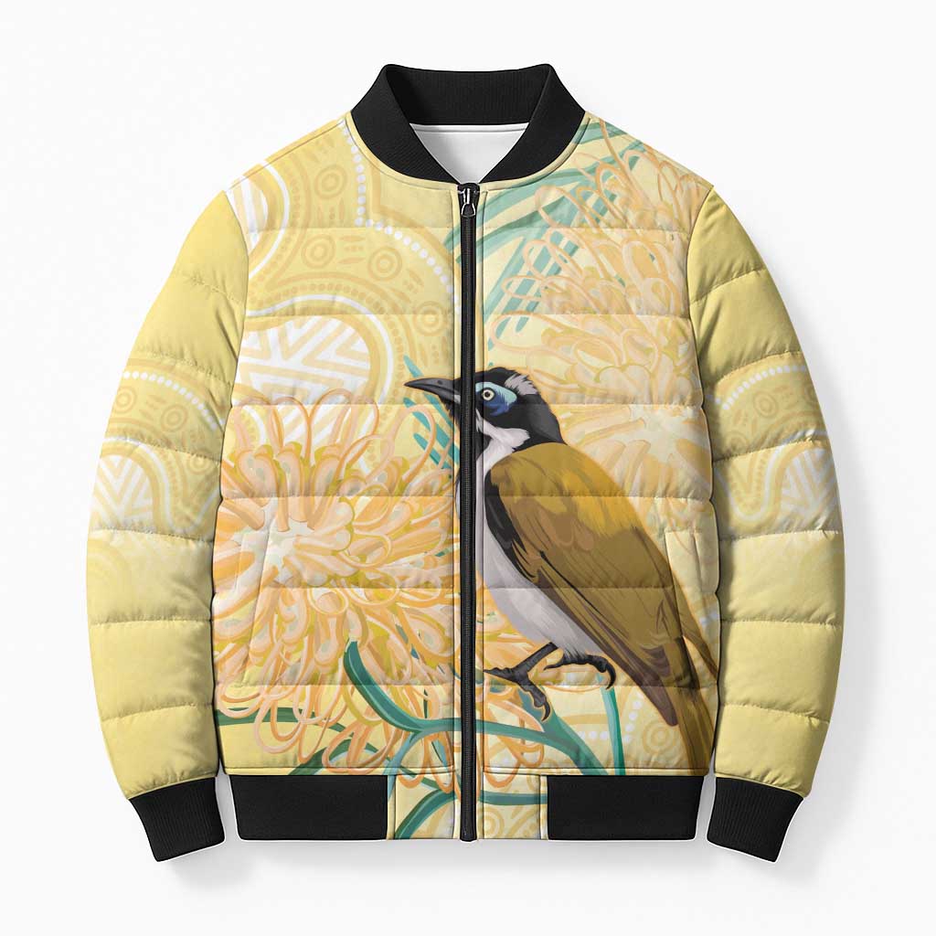 Australia Grevillea And Honeyeaters Bomber Puffer Jacket Aboriginal Art - Watercolor Style - Aussie Hoodie