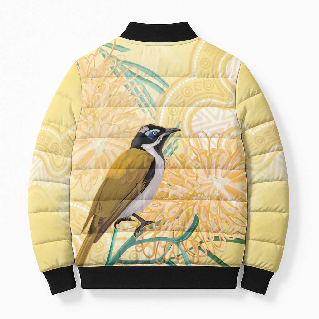 Australia Grevillea And Honeyeaters Bomber Puffer Jacket Aboriginal Art - Watercolor Style - Aussie Hoodie